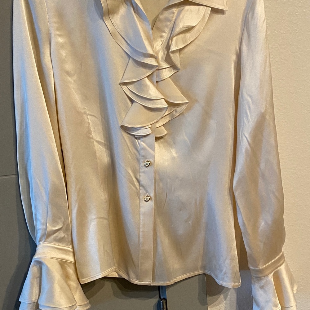 St. John Collection Cream Satin Ruffle Blouse